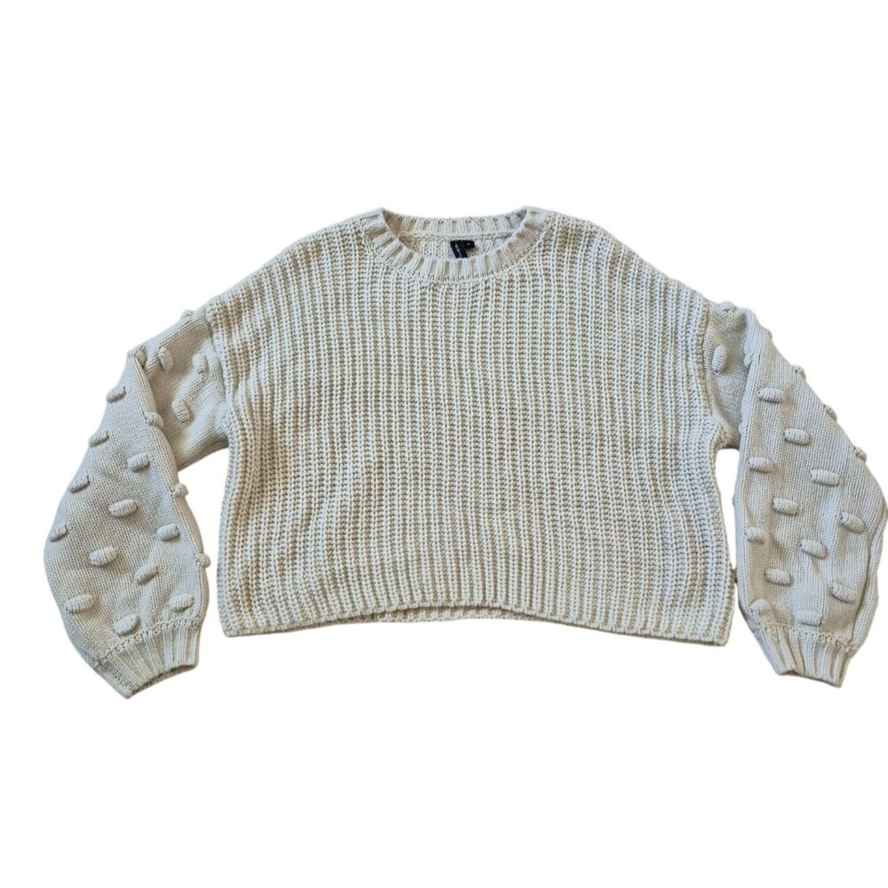NWOT‎ Moon & Madison Women's Cropped Sweater Size S Bubble Sleeve Cream Fall